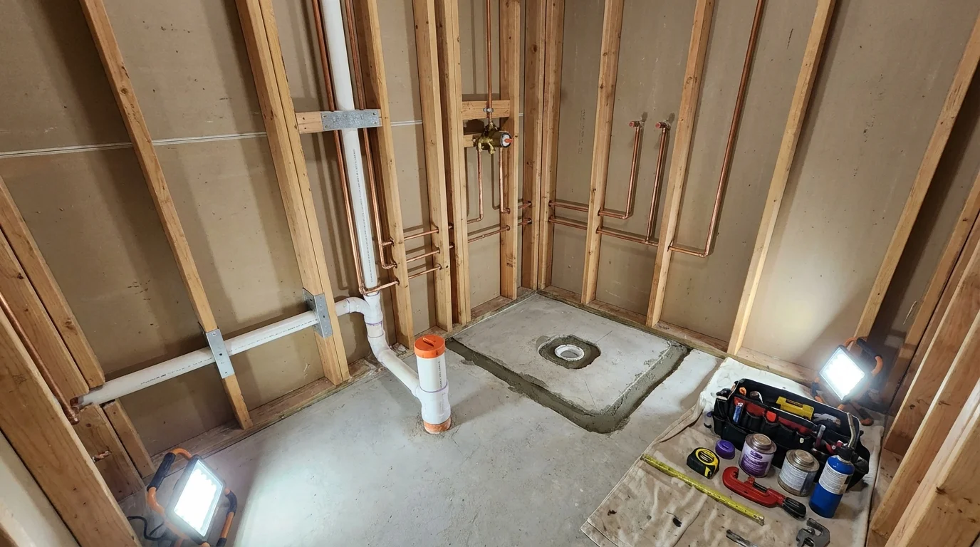 Bathroom rough-in plumbing during remodel by Johns Plumbing LLC in Mechanicsburg