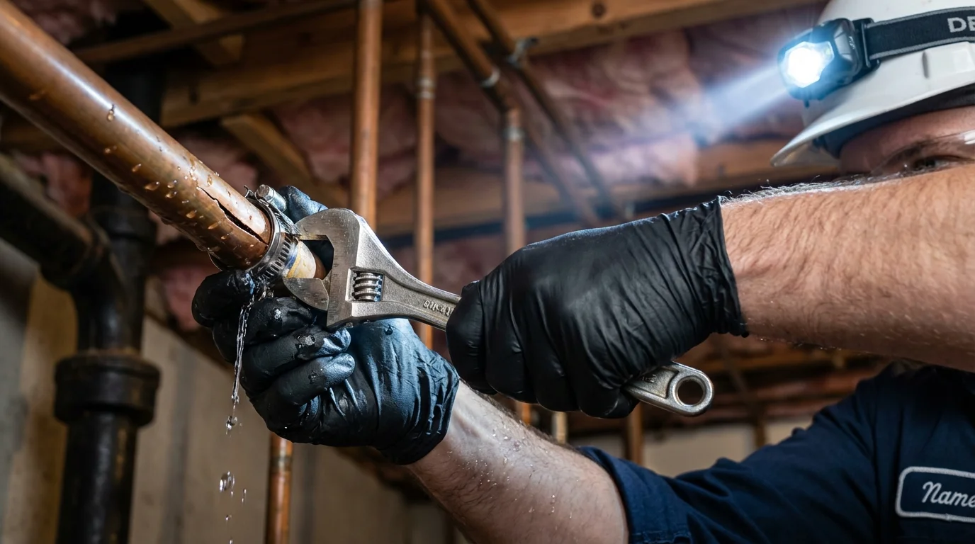 Emergency pipe clamp repair being performed by a Johns Plumbing LLC plumber in Mechanicsburg