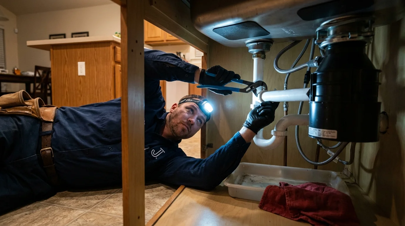 P-trap and supply line connections under a kitchen sink showing a common leak point in Mechanicsburg, PA